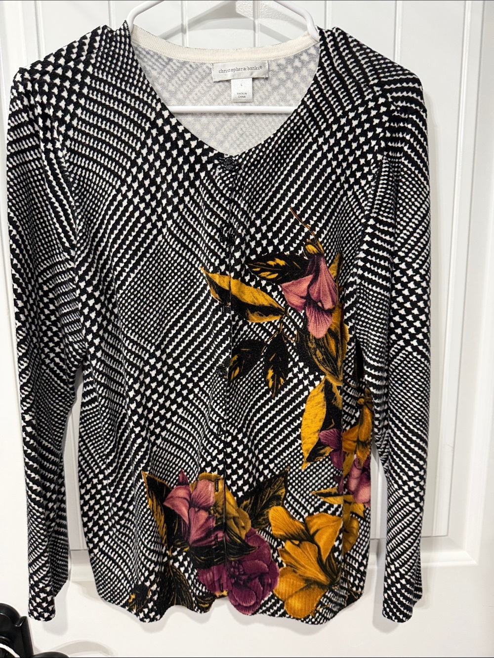 Christopher & Banks Black Geometric Knit Top with Yellow & Pink Floral Accents